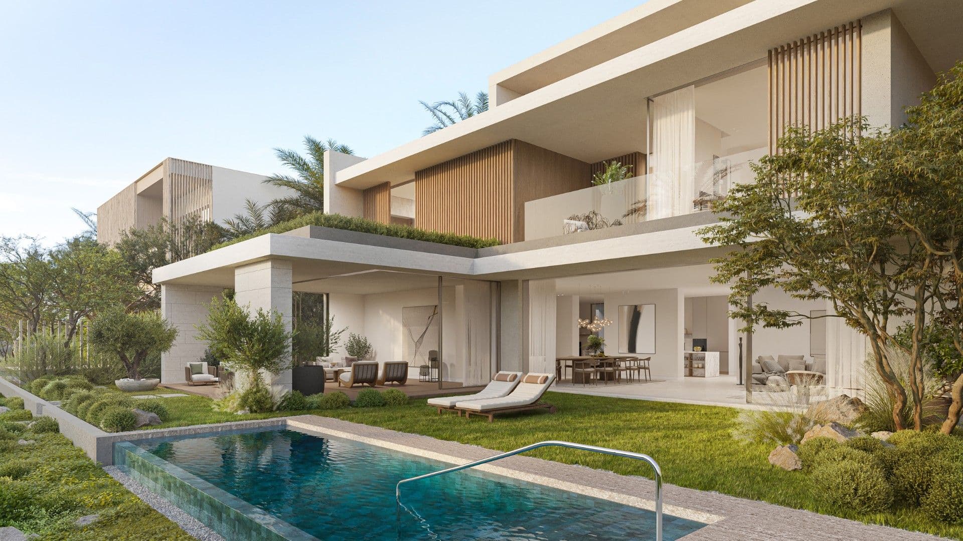 A modern off-plan villa with a pool, wooden screens and a landscaped garden