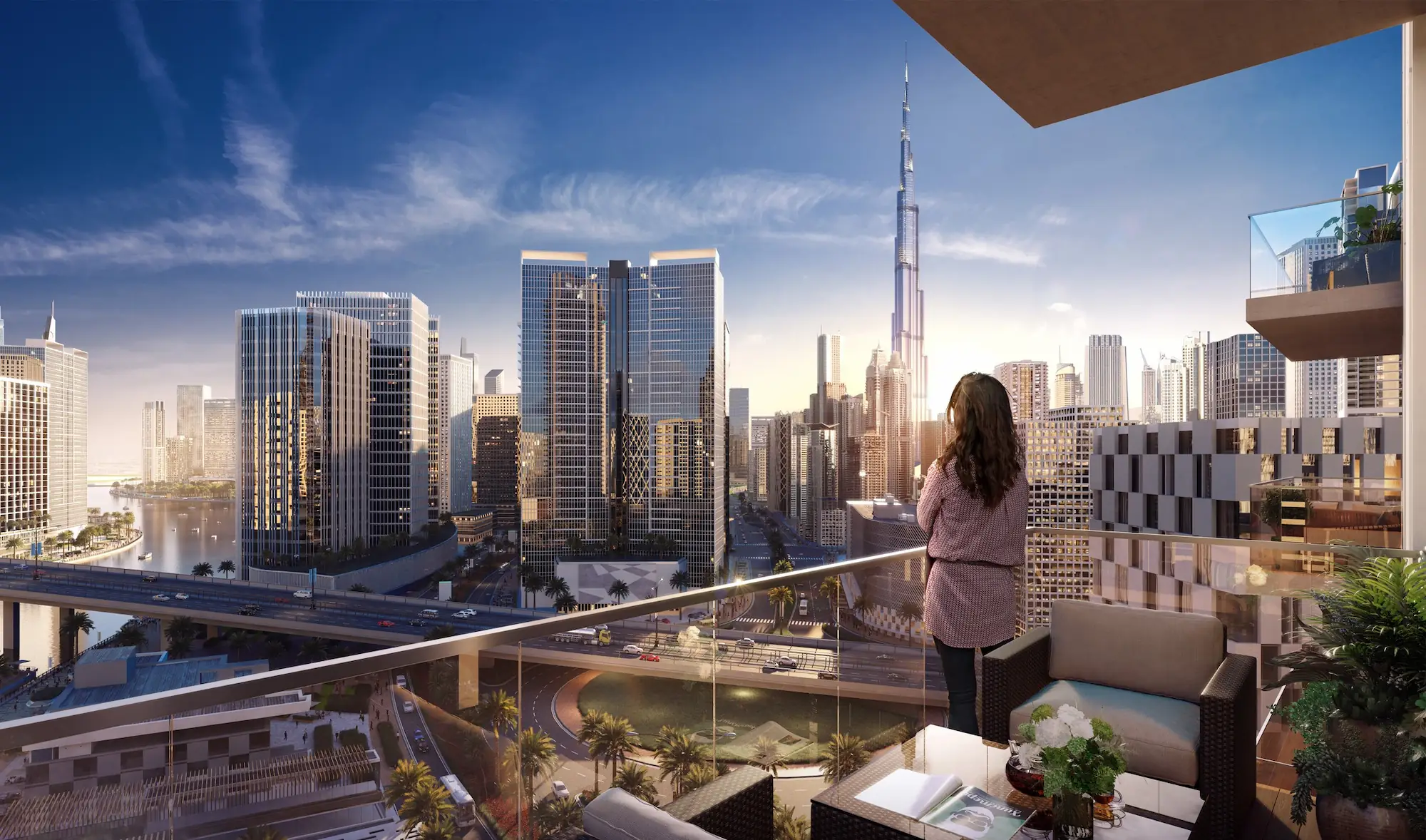 A balcony overlooking the Dubai skyline and the Burj Khalifa