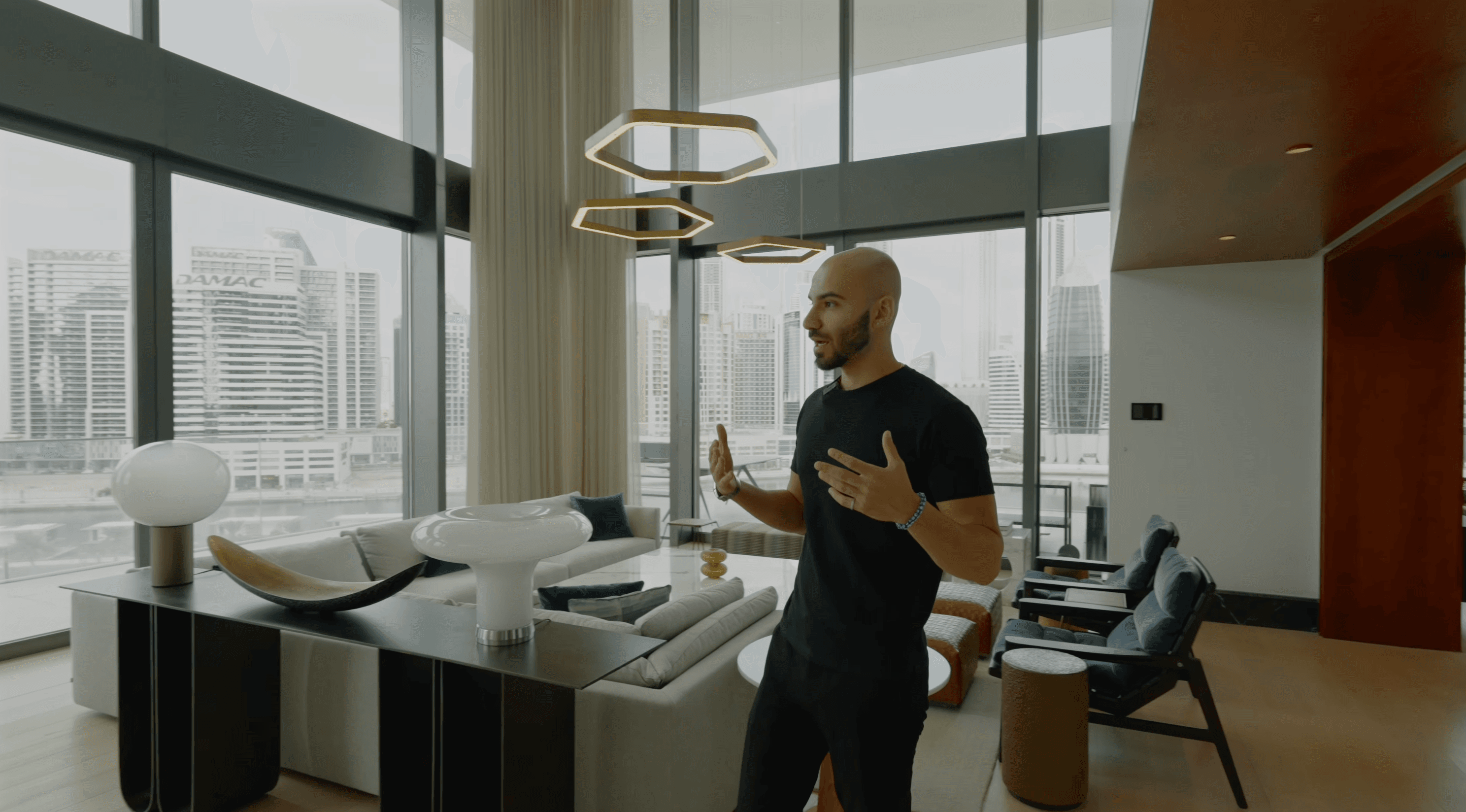 Navid Rashid in a Dubai penthouse overlooking the skyline