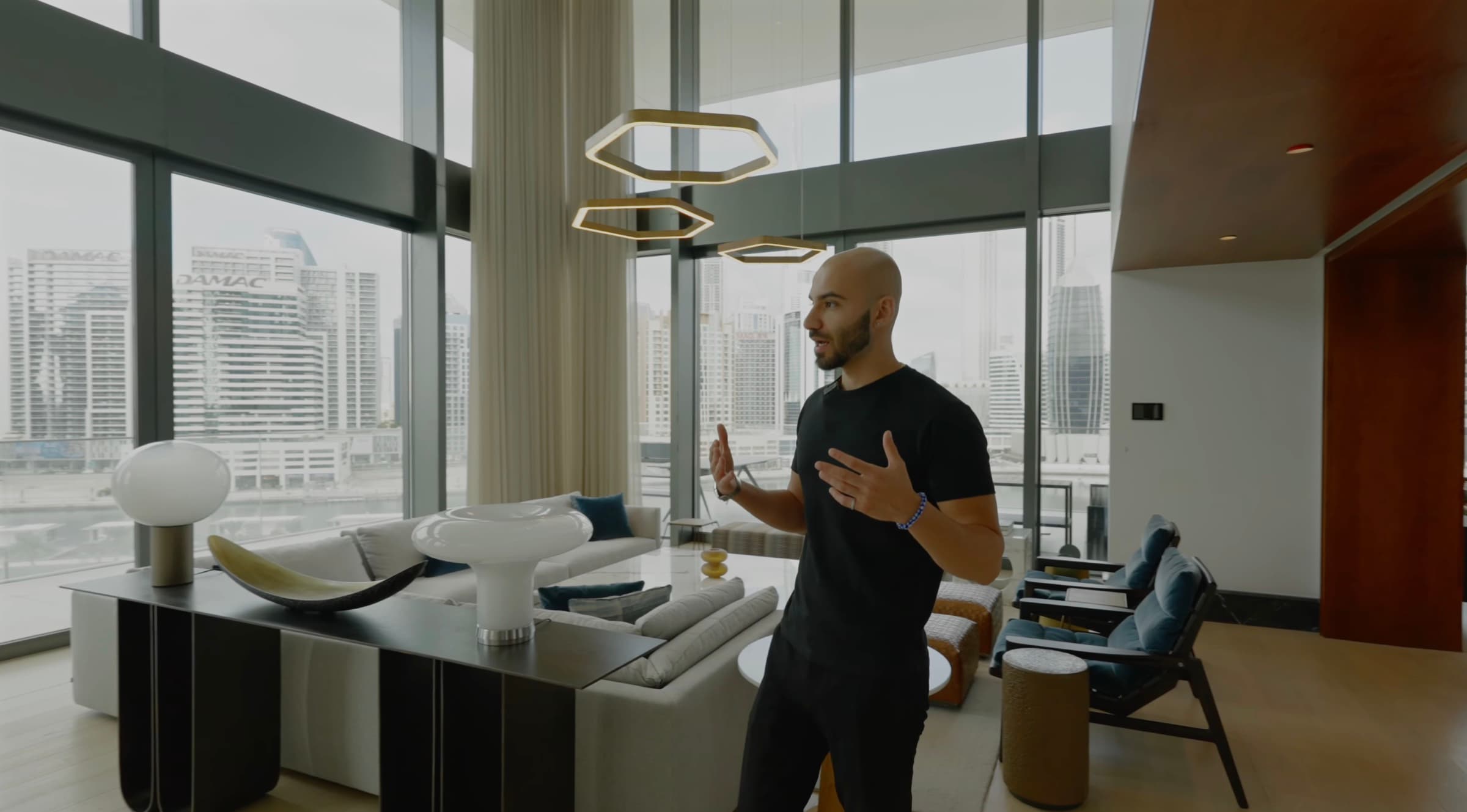 Navid Rashid in a Dubai penthouse overlooking the skyline